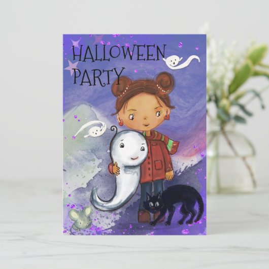 Cute Girl, Ghost, & Black Cat | Kids Spooktacular  Kaart (Staand voorkant)