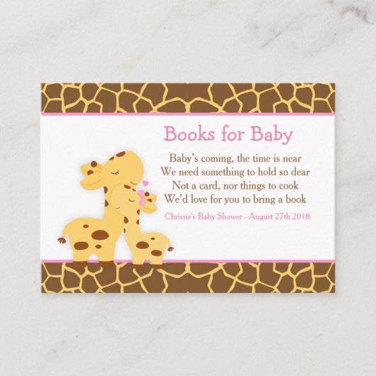Cute Girl Giraffe Book Request for Baby shower Informatiekaartje (Voorkant)