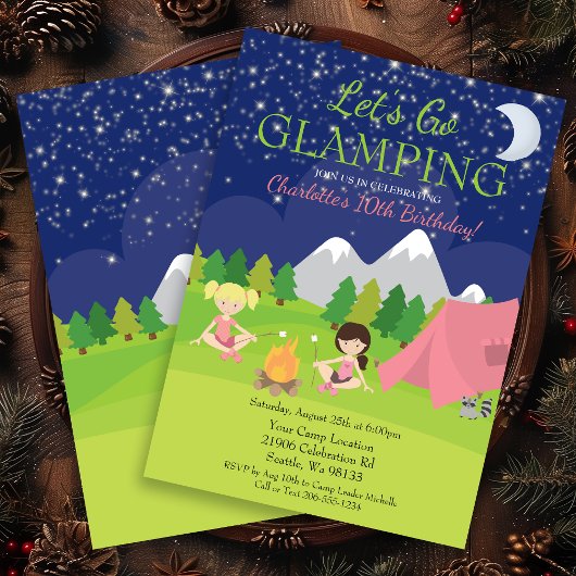 Cute Girl Glamping Birthday Party Invitation Kaart