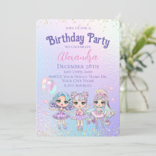 Cute Girl Glitter Poppen Holografisch Verjaardagsf Kaart