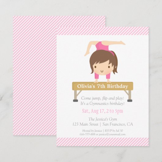 Cute Girl Gymnastics Kids Birthday Party Kaart (Voorkant / Achterkant)