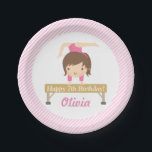 Cute Girl Gymnastics Kids Birthday Party Supplies Papieren Bordje<br><div class="desc">partijbenodigdheden om die gymnastiekjarige te evenaren. Design heeft een schattig meisje in een roze Gymnastieklard die een ritme gymnastiekroutine uitvoert op een evenwichtsbalk. Prachtig en elegant! Een zoete roze gekleurde strepen patroon voor de achtergrond. Pas het gemakkelijk aan met je partijbericht.</div>