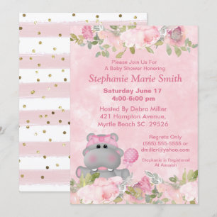Cute Girl Hippo Pink Floral Baby shower Kaart