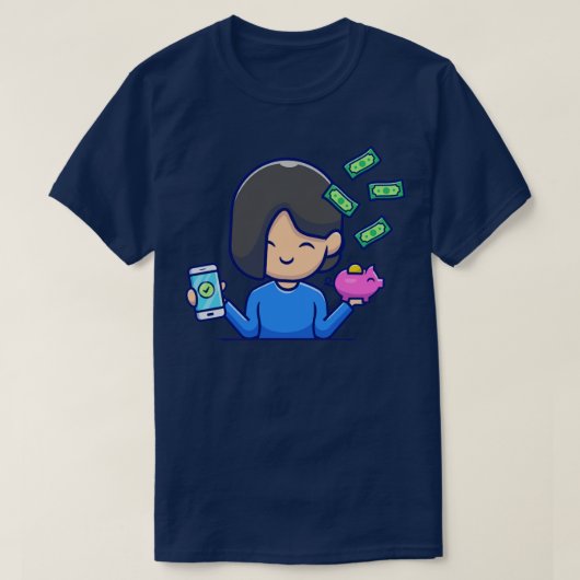 Cute Girl Holding Phone en Piggy Bank met geld T-shirt (Design voorkant)