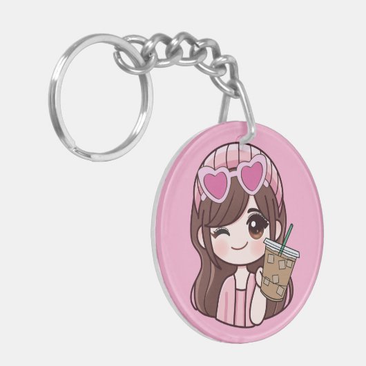 Cute Girl Iced Coffee Keychain (Voorkant Links)