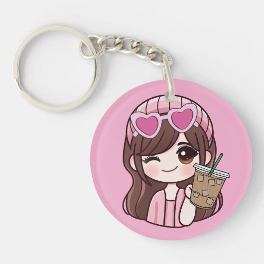 Cute Girl Iced Coffee Sleutelhanger (Voorkant)