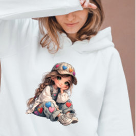 Cute Girl in Heart Patch Outfit Kawaii Art T-shirt