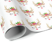 Cute Girl-kerstrenrenrendiergezicht Cadeaupapier (Rol Hoek)