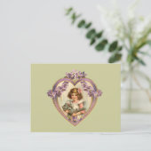 Cute  Girl & Kitten Floral Heart Briefkaart (Staand voorkant)
