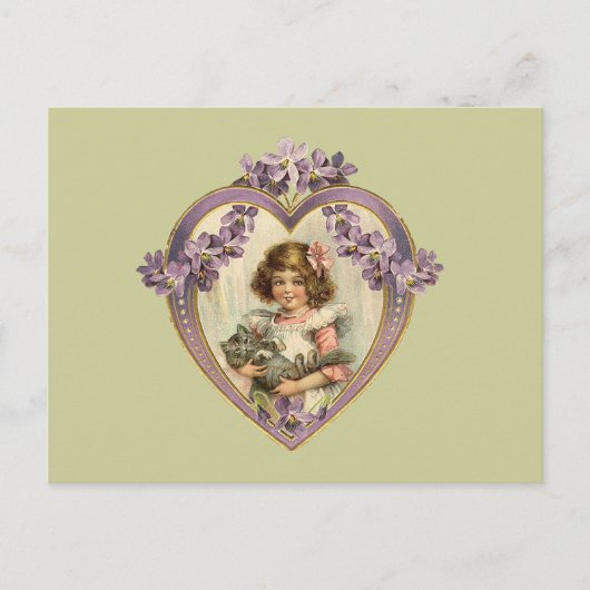 Cute  Girl & Kitten Floral Heart Briefkaart (Voorkant)