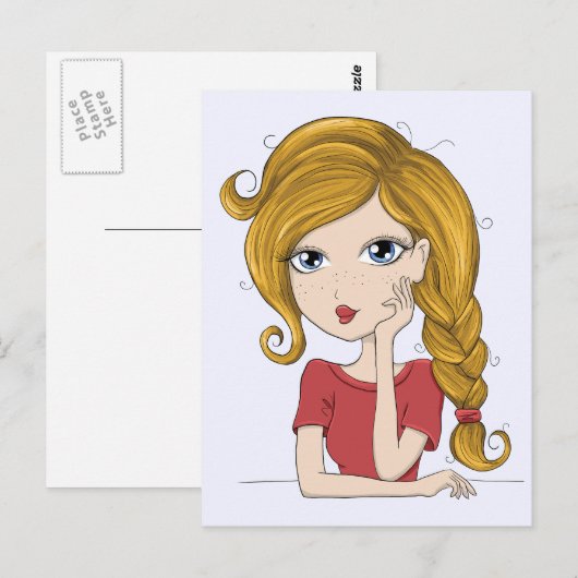 Cute Girl met Blonde Braid Graphic Illustration Briefkaart (Voorkant / Achterkant)