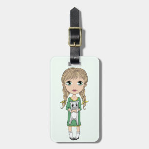 Cute Girl met Cat Personalized Bagagelabel