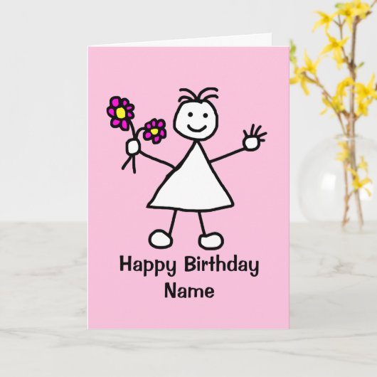 Cute Girl met Flowers Birthday Kaart (Gele Bloem)