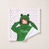 Cute Girl met Green Frog Hoody Drawing Bad Handdoek (Wasdoekje)