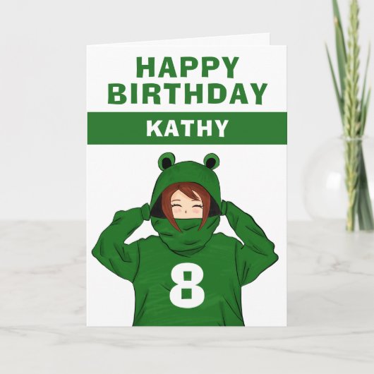 Cute Girl met Green Frog Hoody Drawing Birthday Kaart (Voorkant)