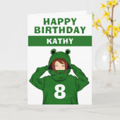 Cute Girl met Green Frog Hoody Drawing Birthday Kaart (Gele Bloem)