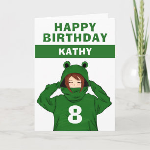 Cute Girl met Green Frog Hoody Drawing Birthday Kaart