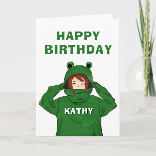 Cute Girl met Green Frog Hoody Drawing Birthday Kaart