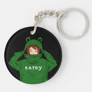 Cute Girl met Green Frog Hoody Drawing Black Sleutelhanger