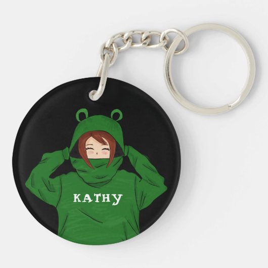 Cute Girl met Green Frog Hoody Drawing Black Sleutelhanger (Achterkant)