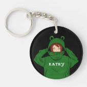 Cute Girl met Green Frog Hoody Drawing Black Sleutelhanger (Voorkant)