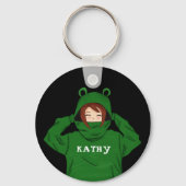 Cute Girl met Green Frog Hoody Drawing Black Sleutelhanger (Voorkant)