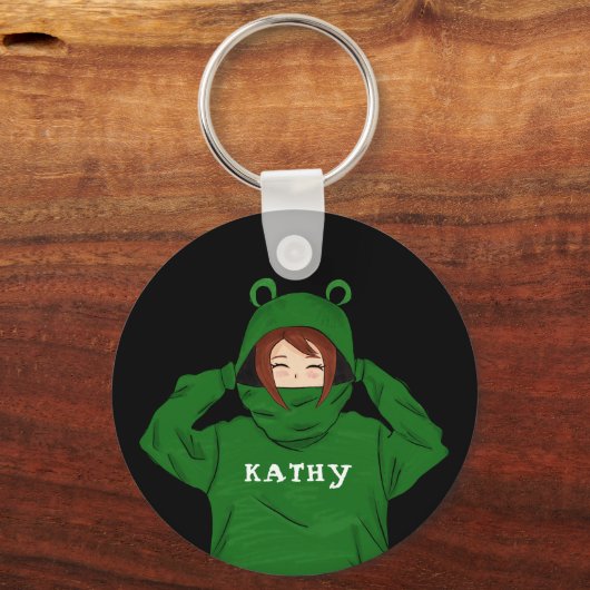 Cute Girl met Green Frog Hoody Drawing Black Sleutelhanger (Voorkant)