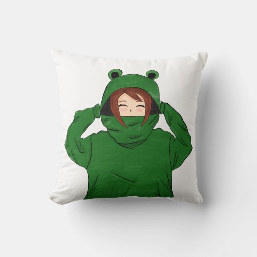 Cute Girl met Green Frog Hoody Drawing Kussen (Voorkant)