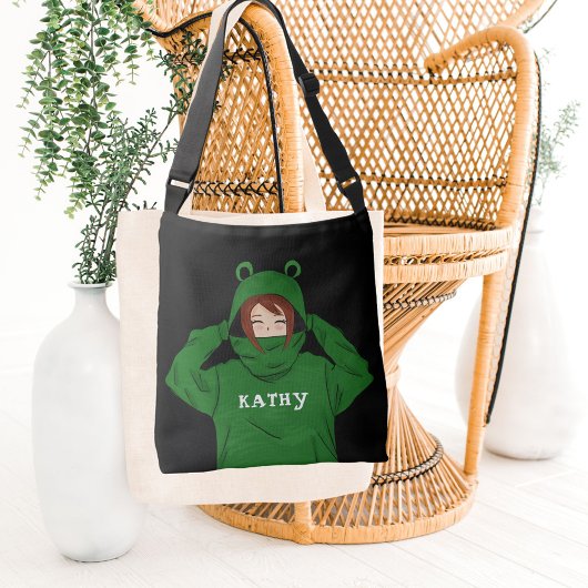 Cute Girl met Green Frog Hoody Drawing Name Crossbody Tas
