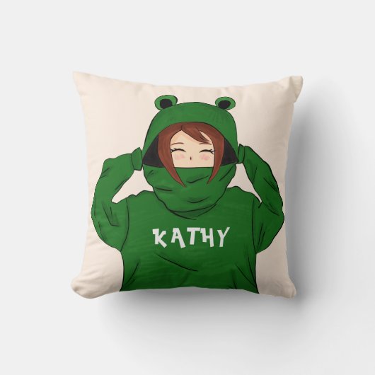 Cute Girl met Green Frog Hoody Drawing Name Kussen (Voorkant)