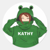 Cute Girl met Green Frog Hoody Drawing Ronde Sticker (Voorkant)