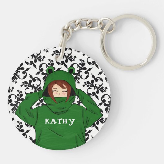 Cute Girl met Green Frog Hoody Drawing Sleutelhanger (Achterkant)