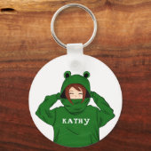 Cute Girl met Green Frog Hoody Drawing Sleutelhanger (Voorkant)