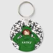 Cute Girl met Green Frog Hoody Drawing Sleutelhanger (Voorkant)