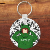 Cute Girl met Green Frog Hoody Drawing Sleutelhanger (Voorkant)