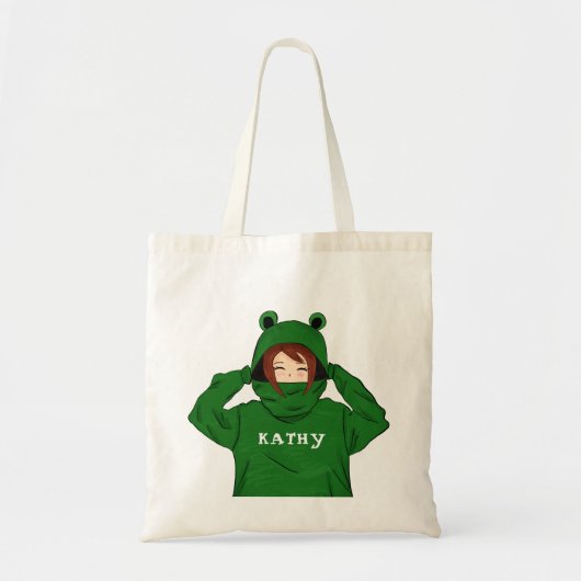 Cute Girl met Green Frog Hoody Drawing Tote Bag (Voorkant)