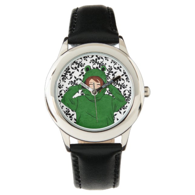 Cute Girl met Green Frog Hoody Drawing Watch Horloge (Voorkant)