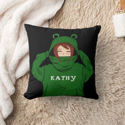Cute Girl met groene kikkerviscoating zwarte naam Kussen (Deken)