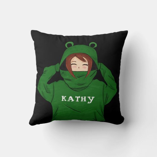 Cute Girl met groene kikkerviscoating zwarte naam Kussen (Achterkant)