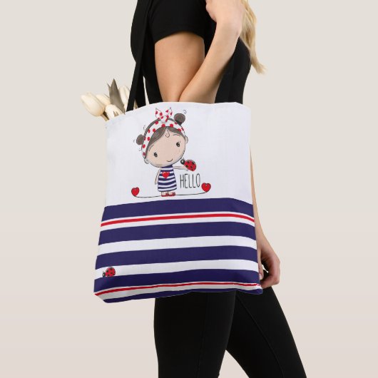 Cute Girl met Ladybird Art Striped Kinder Tote Bag (Dichtbij)