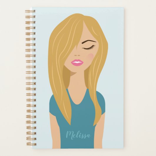 Cute Girl met lange-haarillustratie blauw Planner (Voorkant)