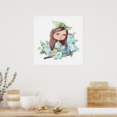 Cute Girl met Poster met grijze katjes (Keuken)