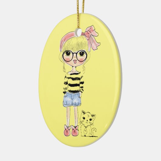 Cute Girl met ronde glazen en haar zoete kat Keramisch Ornament (Links)