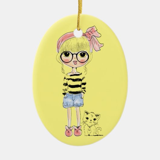 Cute Girl met ronde glazen en haar zoete kat Keramisch Ornament (Voorkant)