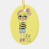 Cute Girl met ronde glazen en haar zoete kat Keramisch Ornament (Achterkant)