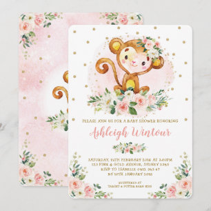 Cute Girl Monkey Baby Pink Gold Floral Baby shower Kaart