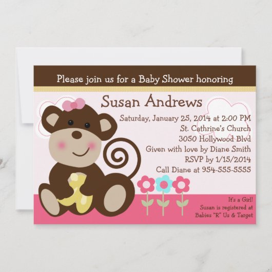 Cute Girl Monkey Baby shower Invitation Kaart (Voorkant)