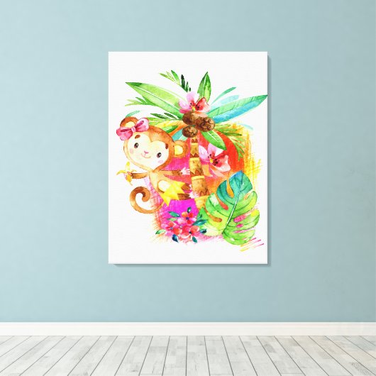 Cute Girl Monkey Climbing Tree Canvas Afdruk (Insitu (Houten vloer))