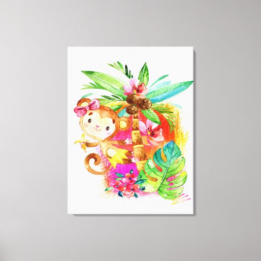 Cute Girl Monkey Climbing Tree Canvas Afdruk (Voorkant)