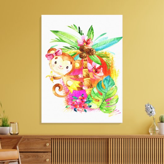 Cute Girl Monkey Climbing Tree Canvas Afdruk (Insitu (Woonkamer))